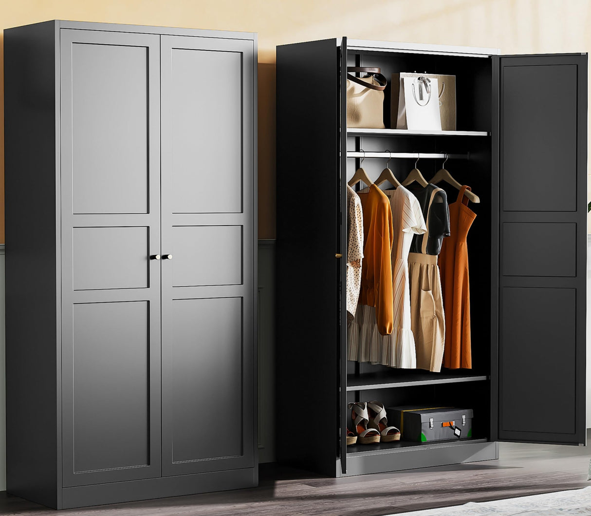 SISESOL Metal Wardrobe Cabinet with Hanging Rod,Black Armoire Wardrobe Closet,Metal Clothing Storage Cabinet with Adjustable Shelves and Doors,72" Cloth Storage Cabinets for Home,Living/Laundry Room SISESOL