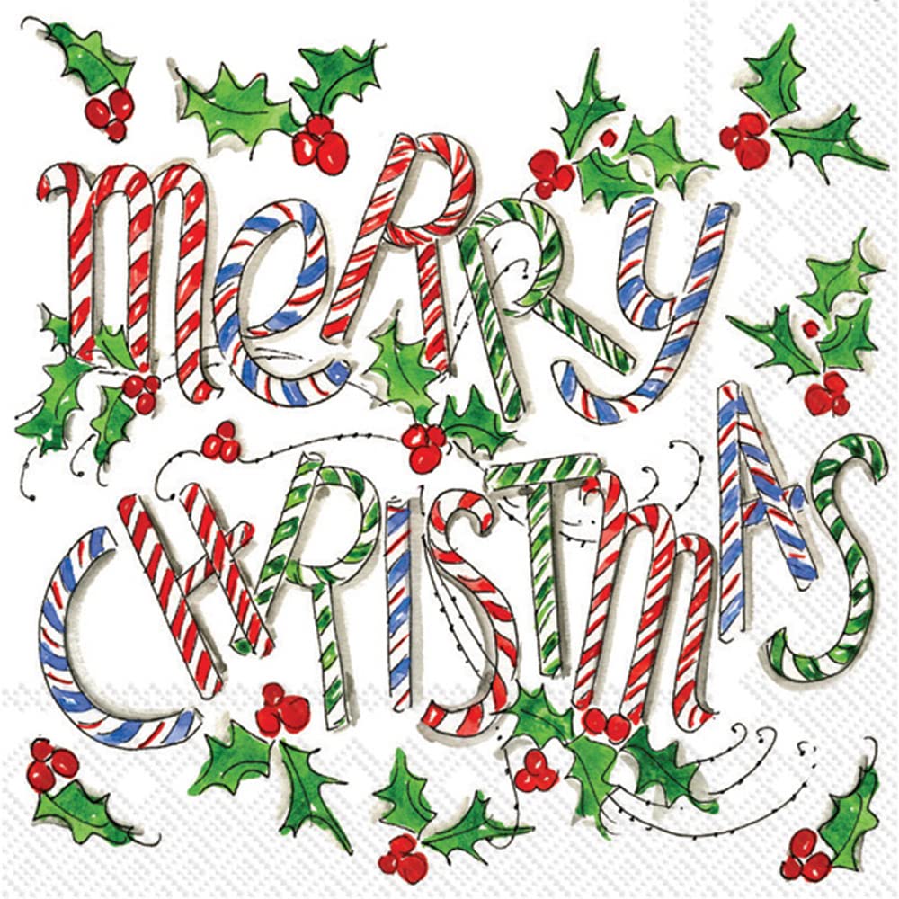 IHR Ideal Home Range Cocktail Napkins Disposable 3-Ply Paper Party Napkin Pack, 5" x 5", Merry Christmas Cane, 20-Count Boston International