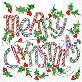 IHR Ideal Home Range Cocktail Napkins Disposable 3-Ply Paper Party Napkin Pack, 5" x 5", Merry Christmas Cane, 20-Count Boston International
