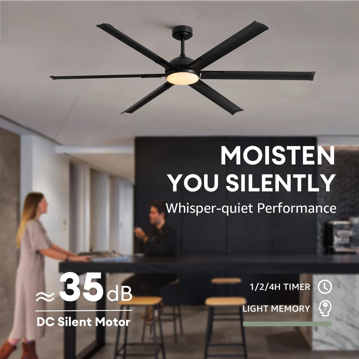 LuminFan 72 Inch Large Ceiling Fan with 6 Aluminum Blades, 6-Speed, 3-CCT, Turbo DC Motor, Remote Black Ceiling Fan for Living Room, Warehouse, Garage - Heavy-Duty Industrial Design LuminFan