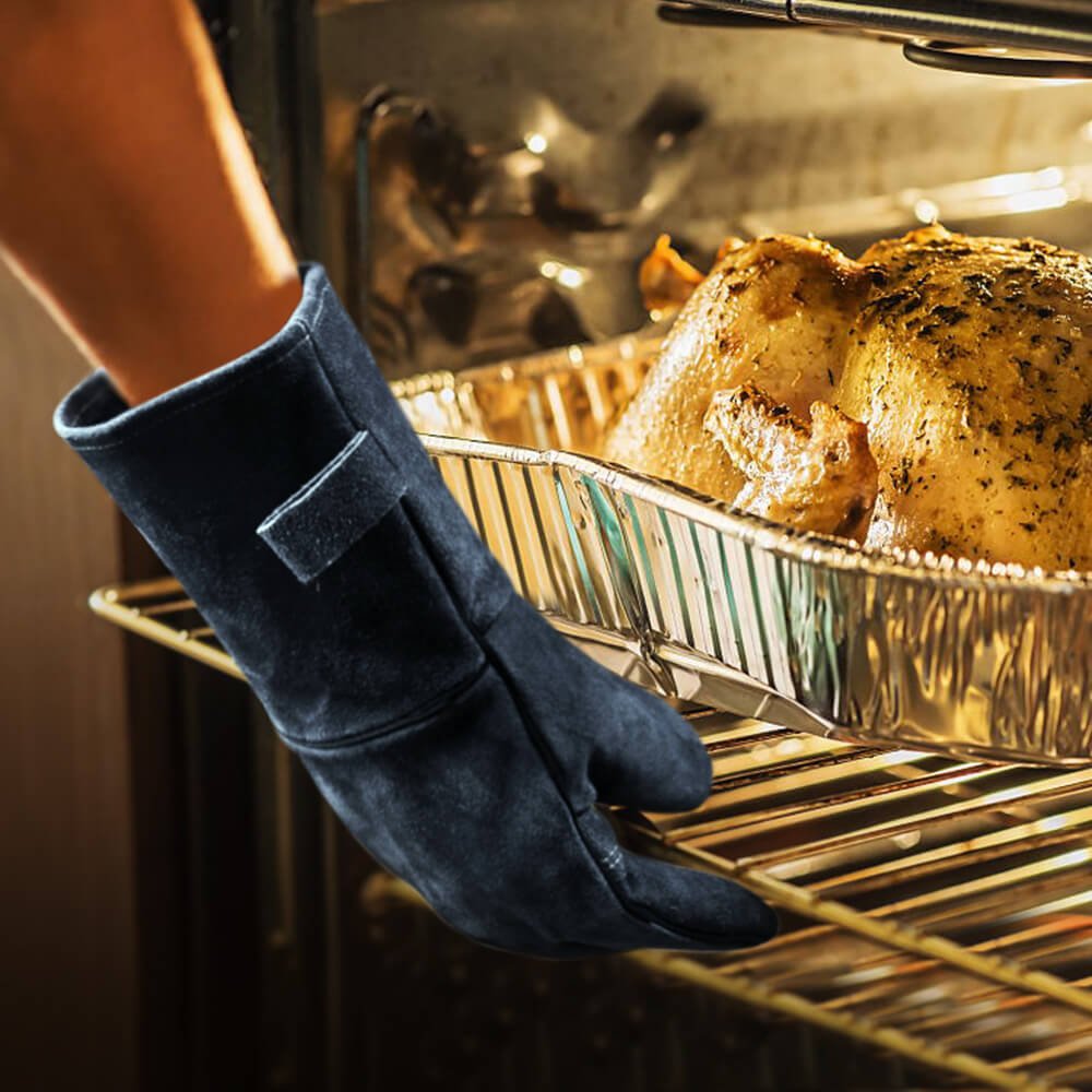 932℉ Grill BBQ Gloves 16-inch Heat Resistant Leather Forge Welding Glove with Flame Retardant Long Sleeve and Insulated Lining for Men and Women Black-Gray OZERO