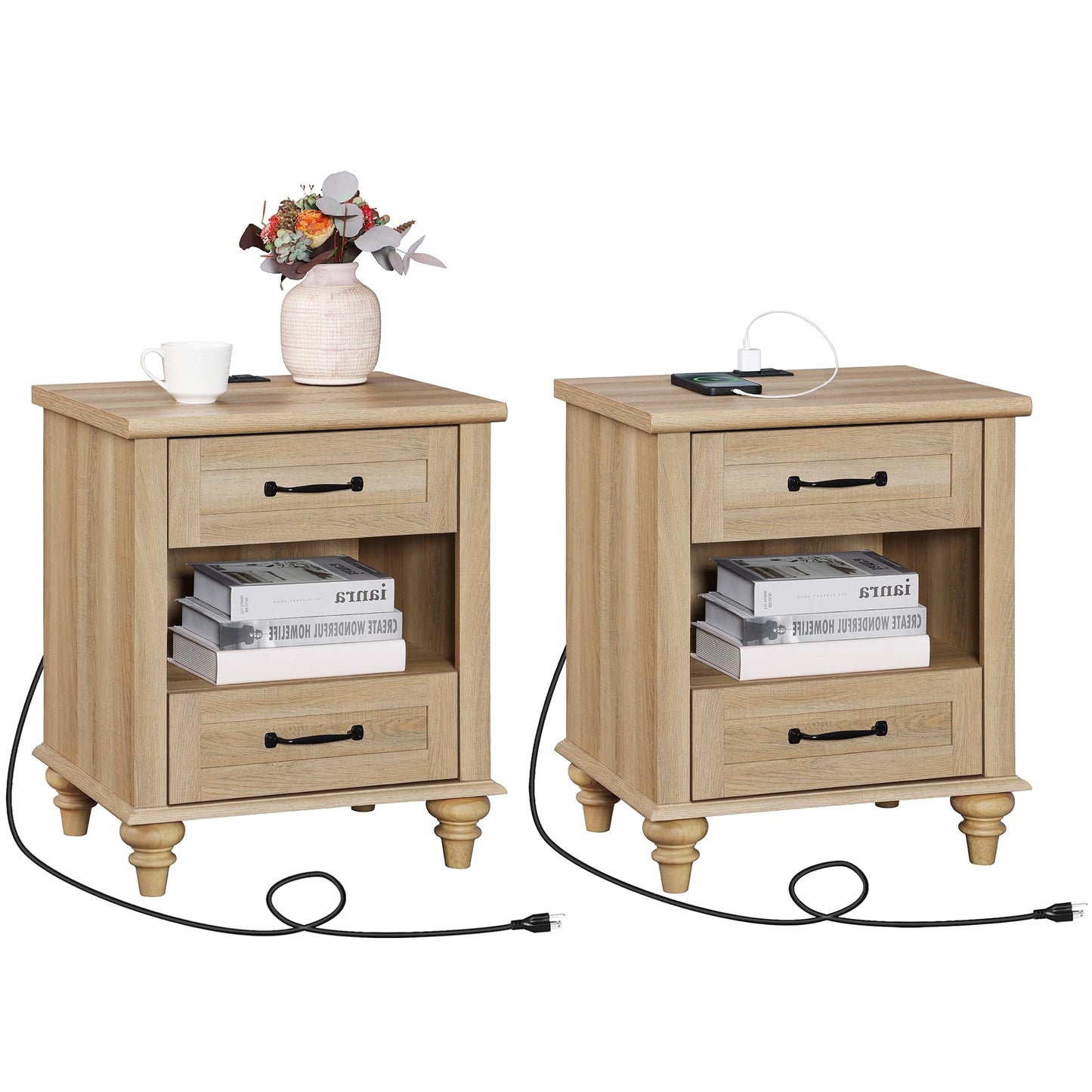 WAMPAT Set of 2 Nightstands with Drawers & Charging Station, Farmhouse Bedside Table with Open Shelf, Nightstand with Solid Wood Feet, Oak End Tables for Bedroom Living Room, Natural