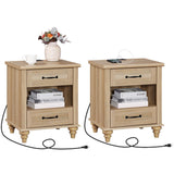 WAMPAT Set of 2 Nightstands with Drawers & Charging Station, Farmhouse Bedside Table with Open Shelf, Nightstand with Solid Wood Feet, Oak End Tables for Bedroom Living Room, Natural WAMPAT