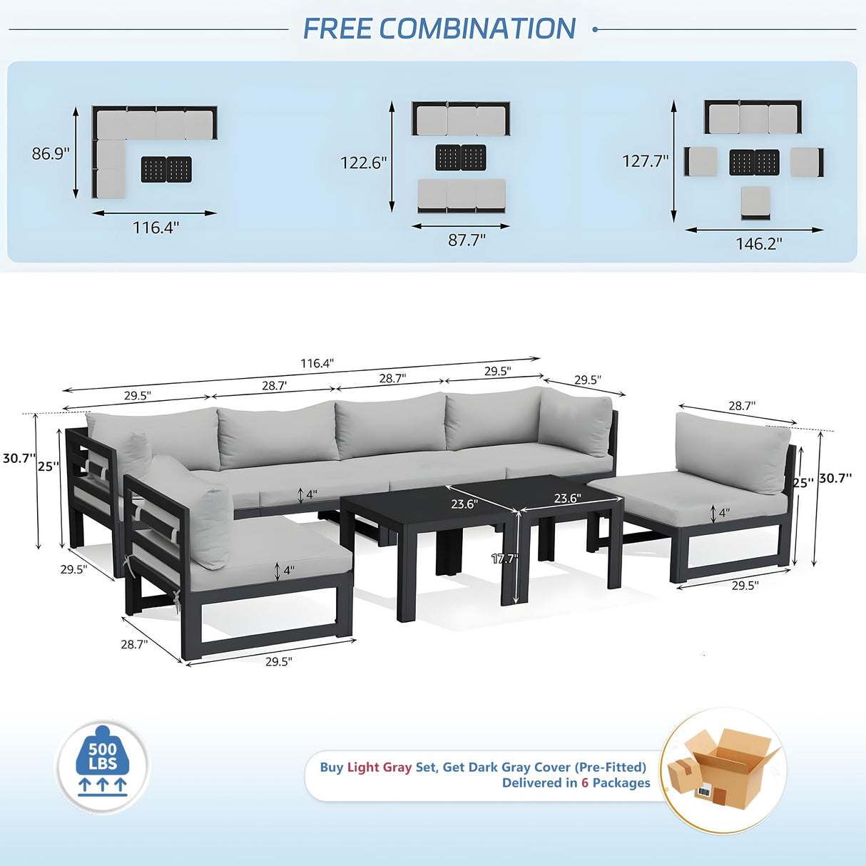 NICESOUL 8 Piece Extra Large Modern Aluminum Outdoor Sofa, 29" Deep Wide Seating, 500 lbs Durable Sectional Set for Heavy People, Rust Resistant Patio Furniture Set for Backyard Poolside, Light Gray NICESOUL