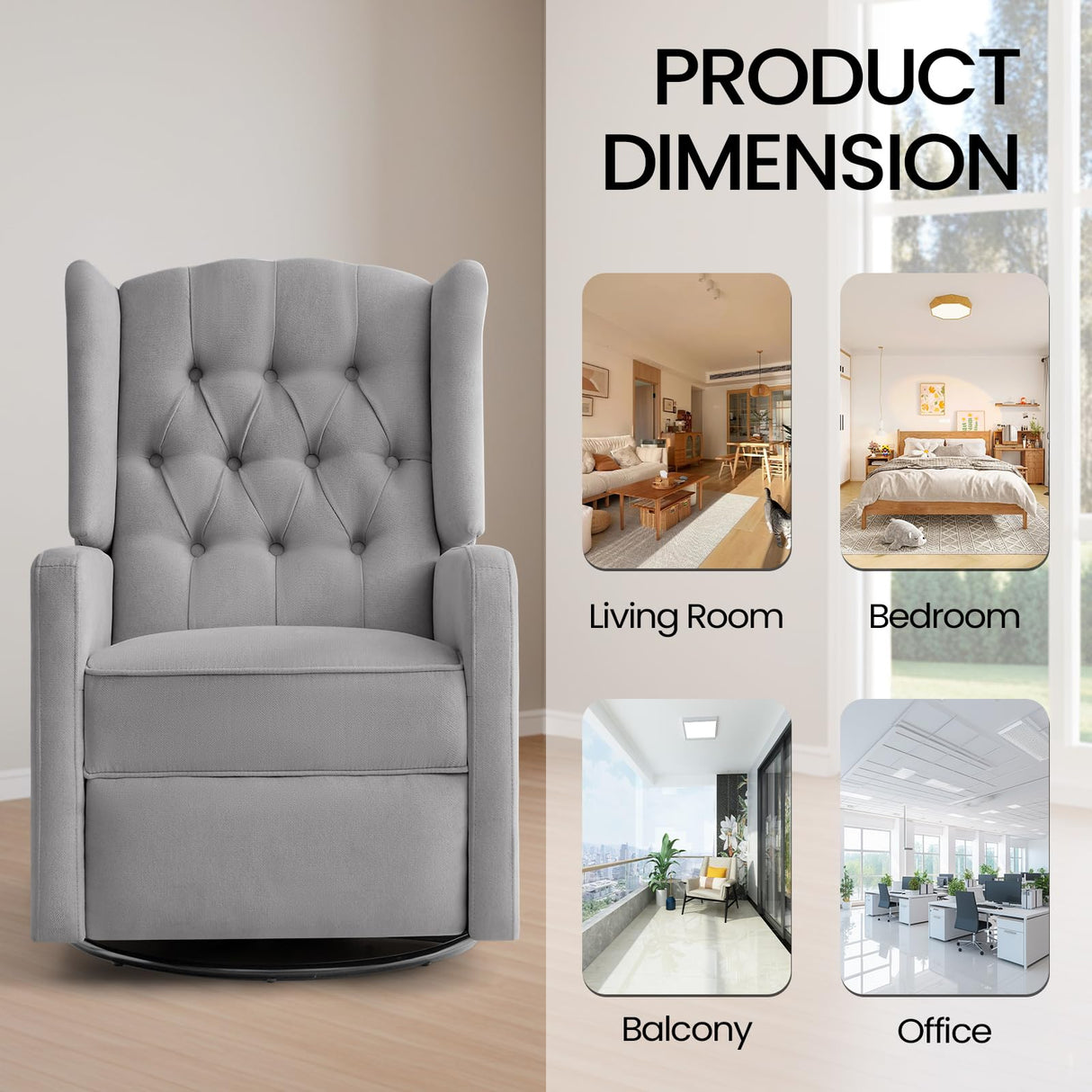 360 Swivel Rocker Recliner Chair for Adults, Nursery Chair for Small Spaces Living Room, Upholstered Fabric Glider Recliner, Pigeon Grey RESTREAL