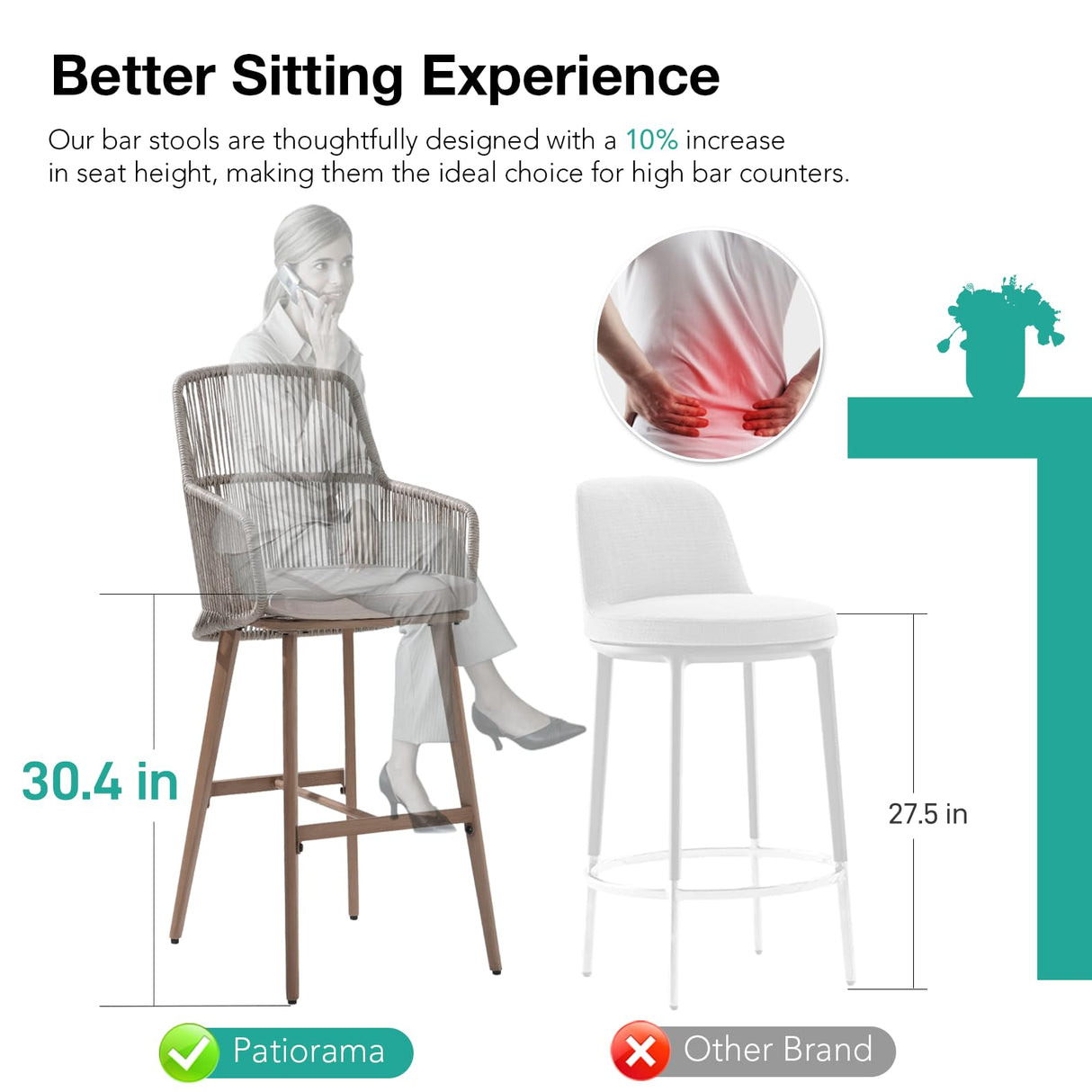 Patiorama Outdoor Bar Stools Set of 4, 46" Counter Height Bar Stools Chair w/Arm and Woven Rope Back, Rattan Bar Stool, Patio Metal Modern Wicker Bar Chairs for Kitchen Island,Pool, Wood Grain Finish Patiorama