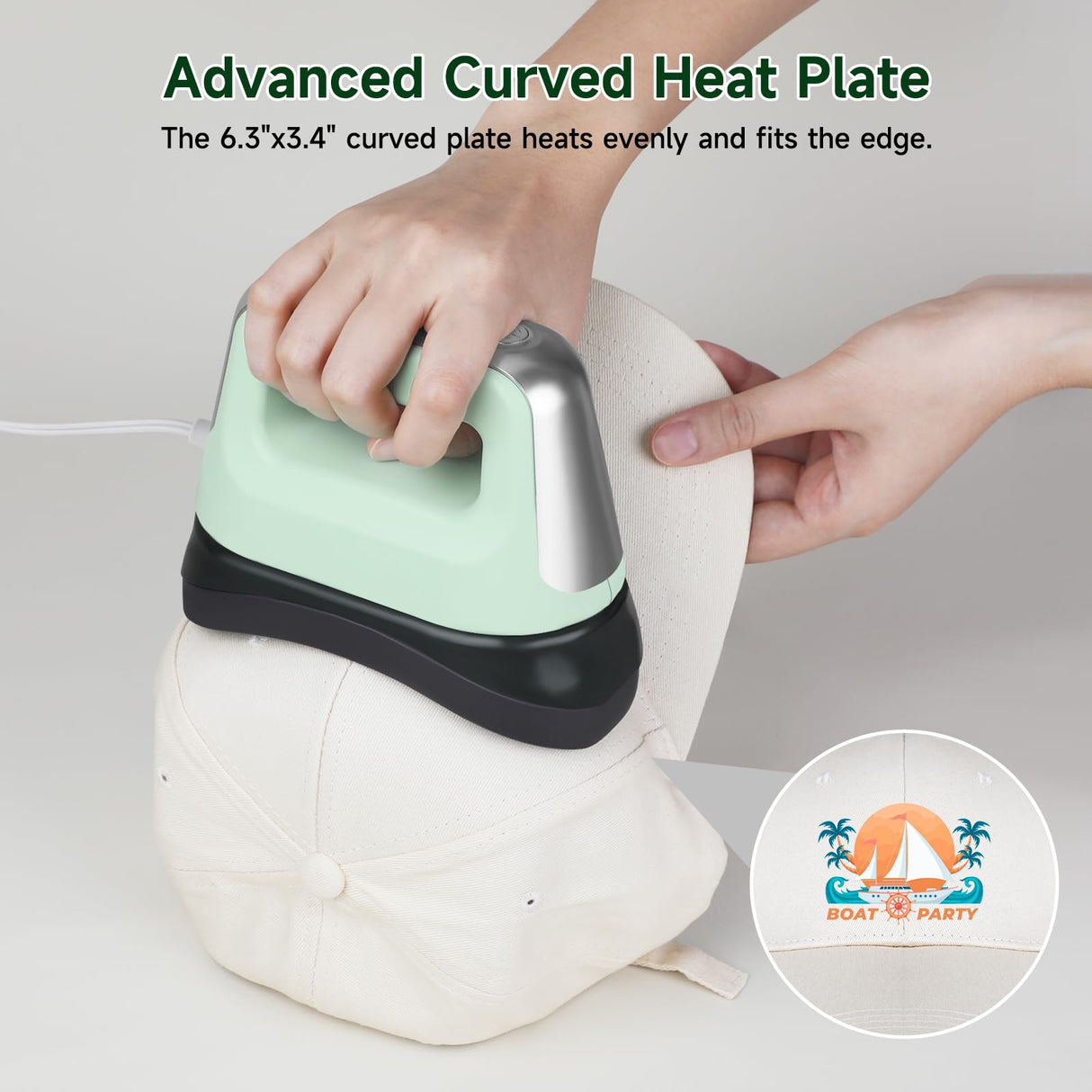 Gimify Hat Press Machine, 3 Heating Levels Mini Heat Press with 6.3"x3.4" Ceramic-Coated Heat Plate, Curved with Safety Base & Auto-Off, Portable Black-Green Gimify