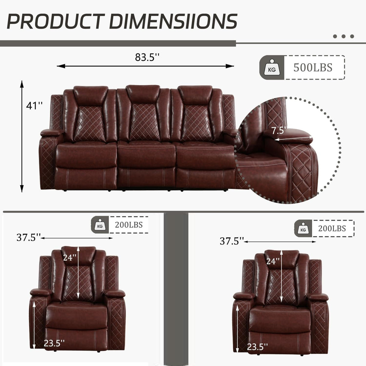 AYCP Furniture Power Recliner Set with LED Lights, Air Leather Reclining Set with USB Port/Wireless Charger/Storage Console/Cup Holder for House/HomeTheater/Apt (Burgundy, Sofa+2Chairs) AYCP Furniture