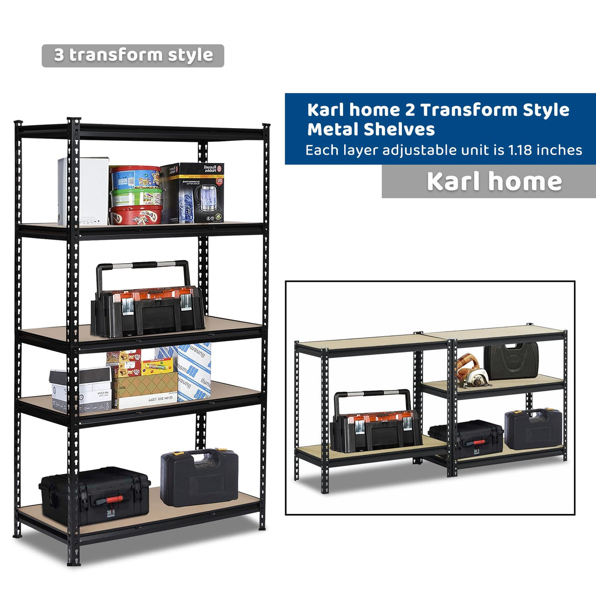 Karl home 5 Tier Metal Garage Shelves, Adjustable Shelf for Storage Heavy Duty, Wide-Size Shelves Organization for Garage Pantry Basement Kitchen, 2000lbs,43.3" L x 17.7" W x 70.9" H, Black Karl home