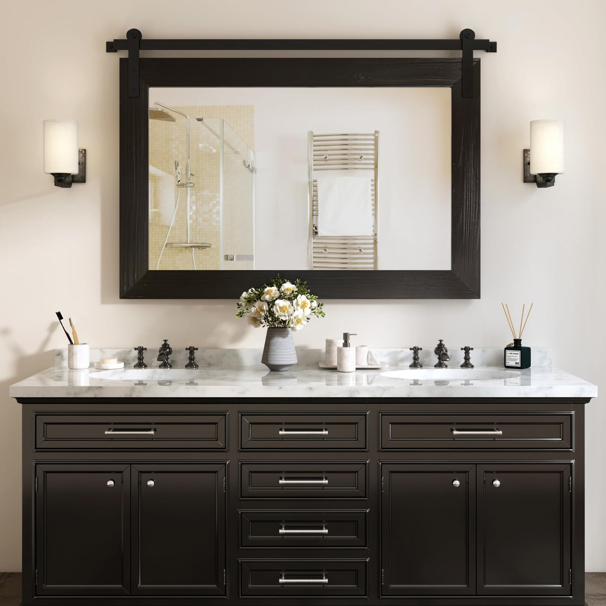 COGOOD Farmhouse Bathroom Mirror - 41" x 30" Rustic Barn Door Mirror for Living Room, Entryway, Bedroom, Vanity Wall Decor (Black) COGOOD