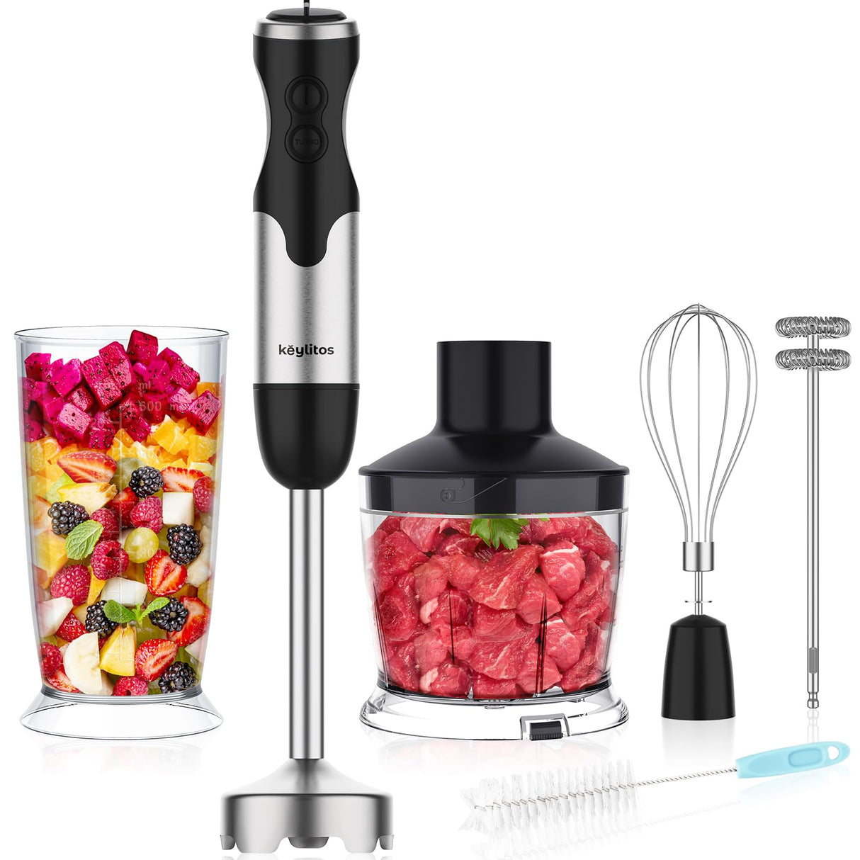Keylitos 5 in1 Immersion Hand Blender, Powerful 12 Speed Handheld Stick Blender with 304 Stainless Steel Blades, Chopper, Beaker, Whisk and Milk Frother for Smoothie, Baby Food, Sauces Red,Puree, Soup Keylitos