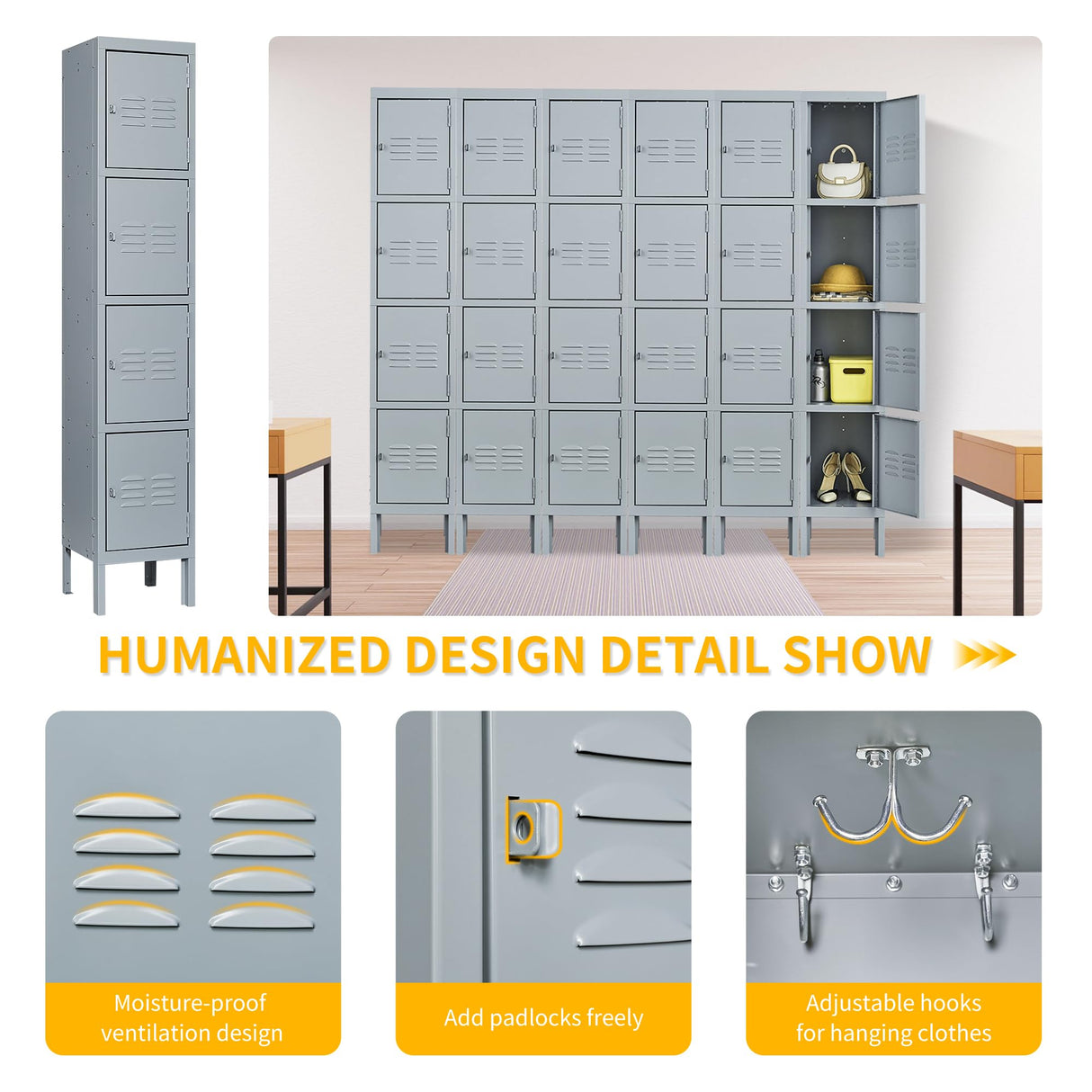 Reegangfa 4 Doors Metal Locker Locking Storage Lockers for Employees, 66" H Home Office Gym Cabinet Steel Wardrobe, for Office Home School Staff Assembly Required Reegangfa