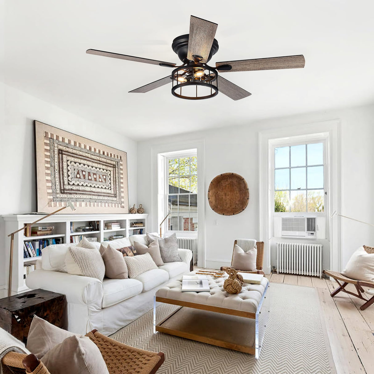 Breezary 52 Inch Flush Mount Farmhouse Ceiling Fan with Light and Remote, Reversible AC Motor, 5 Dual Finish Blades, Industrial Low Profile Black Ceiling Fan light for Bedroom Home Breezary