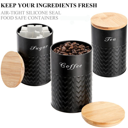 Bekith 3 Pack Kitchen Canisters with Bamboo Lids, Airtight Metal Canister Set, Food Storage Containers Jars for Coffee, Sugar, Tea, Flour, Rustic Farmhouse Kitchen Decor Containers, Black