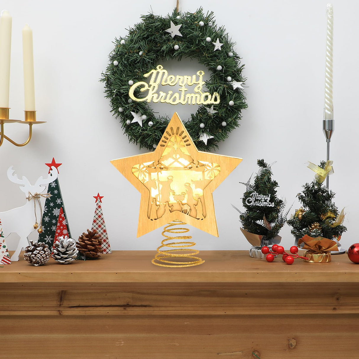 Nativity Christmas Tree Topper Lighted Star Tree Topper Treetop for Christmas LED 3D Nativity Theme Christmas Tree Decorations Wooden Treetop Xmas Tree Decor Ornaments Nativity Tabletop 10 X 8.5 in Justforjoyful