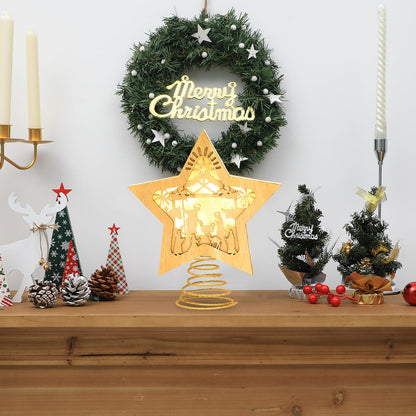 Nativity Christmas Tree Topper Lighted Star Tree Topper Treetop for Christmas LED 3D Nativity Theme Christmas Tree Decorations Wooden Treetop Xmas Tree Decor Ornaments Nativity Tabletop 10 X 8.5 in