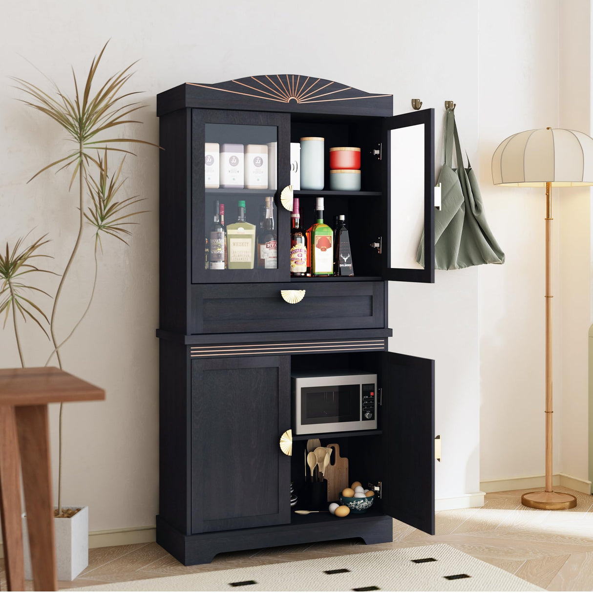 Janmer Home 67" Tall Kitchen Storage Cabinet, Farmhouse Pantry Cabinet with Doors, Drawer and Adjustable Shelves, Freestanding Cupboard Wood Pantry for Kitchen, Dining Room Bathroom (Retro, Black) Janmer Home