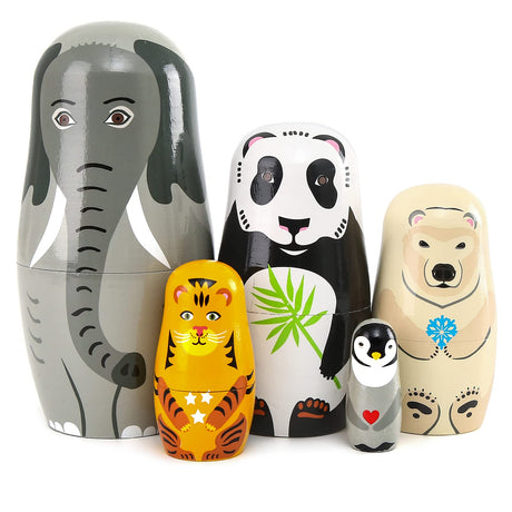 Moonmo 5pcs Handmade Wooden Animal Nesting Dolls - Elephant & Panda, Traditional Russian Matryoshka Gift Moonmo