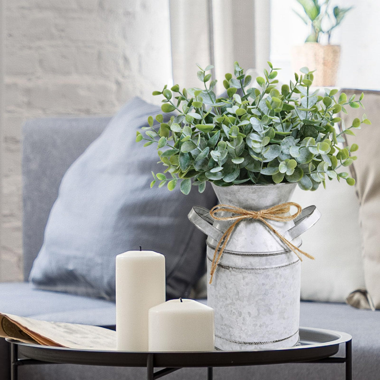 Winlyn Farmhouse Galvanized Metal Milk Can with Artificial Eucalyptus Greenery Arrangement Fake Plants Farmhouse Centerpieces 11.8" Tall for Rustic Country Wedding Home Table Tiered Tray Shelf Décor Winlyn