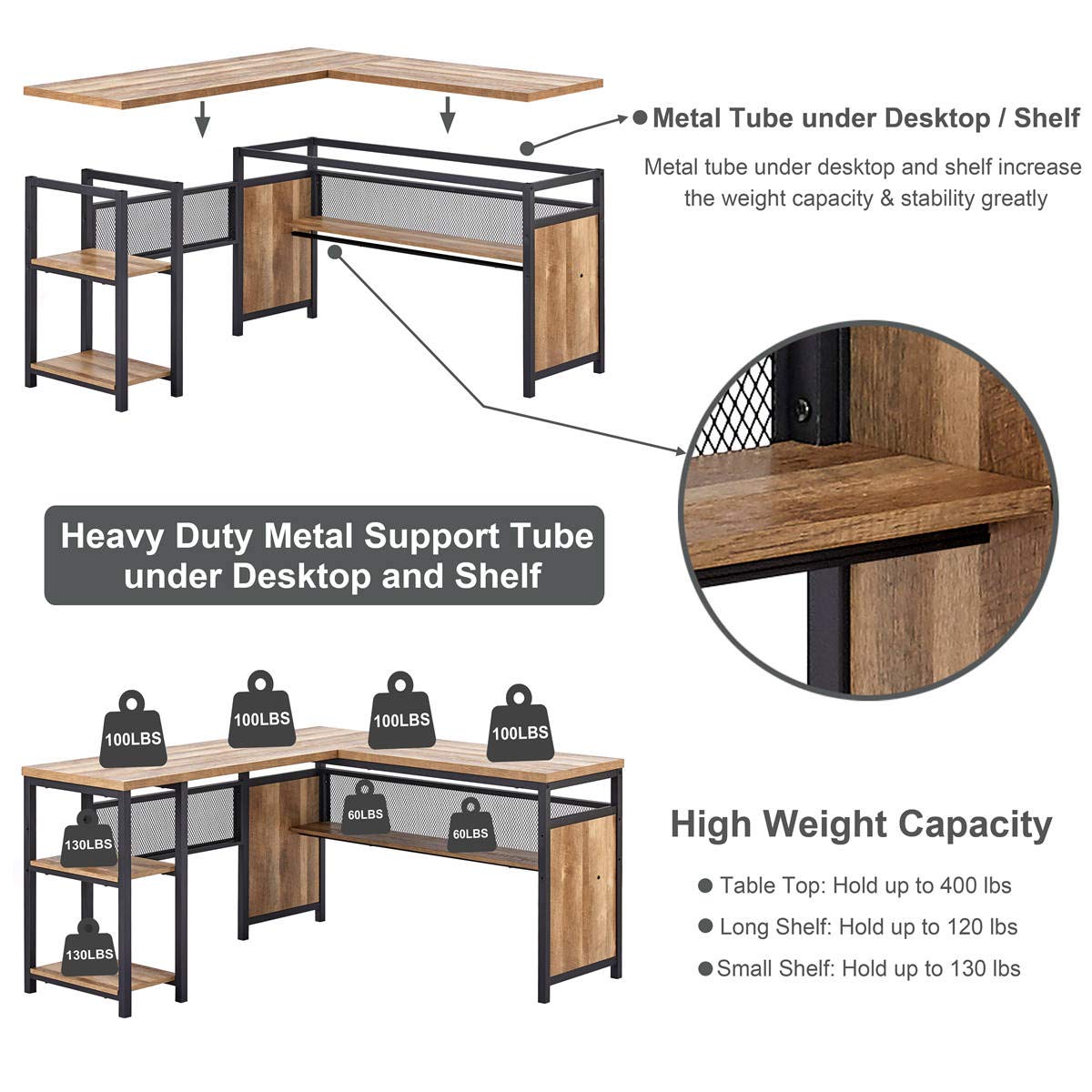 FATORRI L Shaped Computer Desk, Industrial Office Desk with Shelves, Reversible Wood and Metal Corner Desk for Home Office (Rustic Oak, 59 Inch) - WoodArtSupply