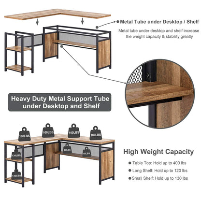 FATORRI L Shaped Computer Desk, Industrial Office Desk with Shelves, Reversible Wood and Metal Corner Desk for Home Office (Rustic Oak, 59 Inch) - WoodArtSupply