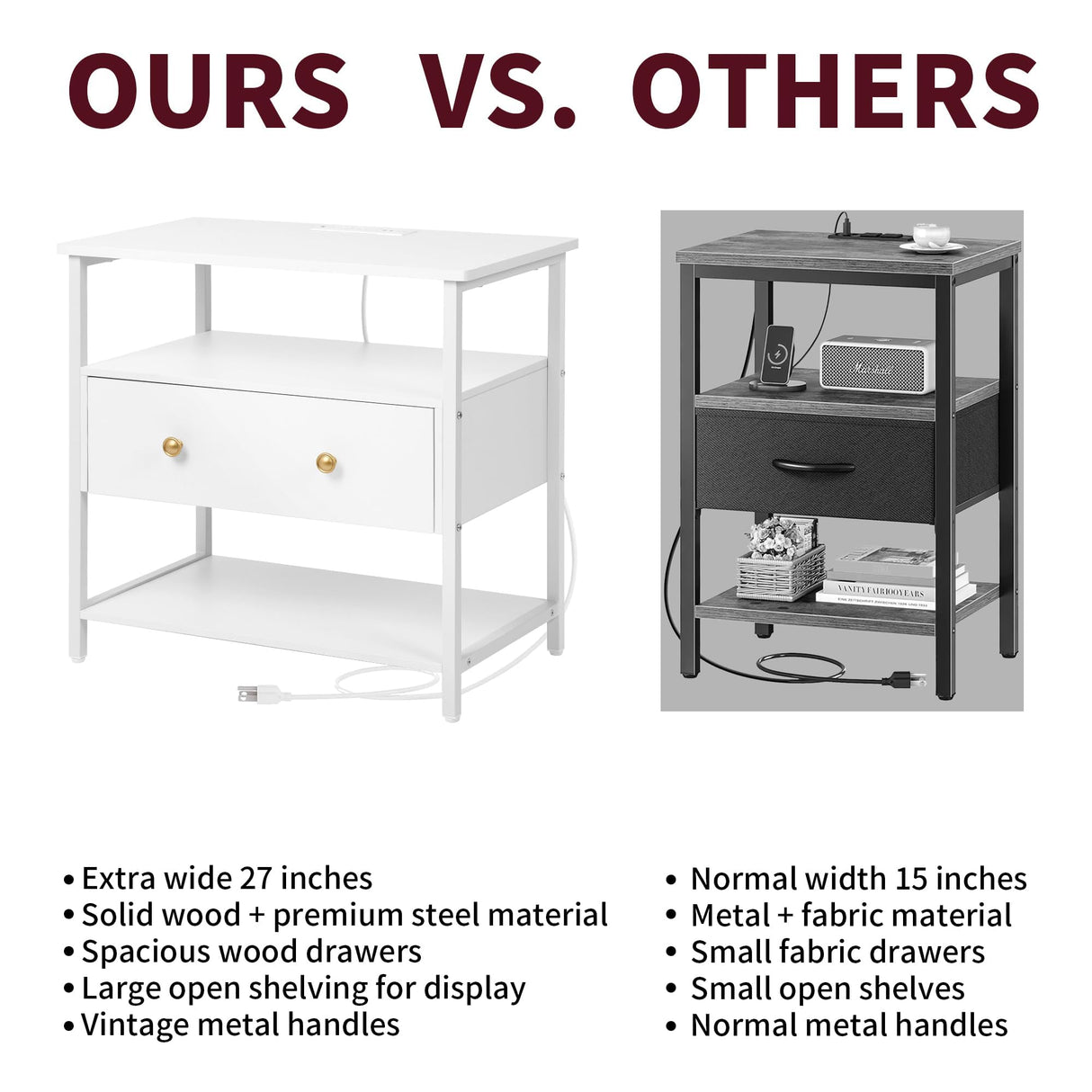 Edbuosy 27 inch Wide Nightstand Set of 2 with LED,Side Table with One Wooden Drawer，Nightstand with Charging Station,End Table Bedside Table with USB Ports and Outlets,White with LED Edbuosy