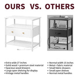 Edbuosy 27 inch Wide Nightstand Set of 2 with LED,Side Table with One Wooden Drawer，Nightstand with Charging Station,End Table Bedside Table with USB Ports and Outlets,White with LED Edbuosy