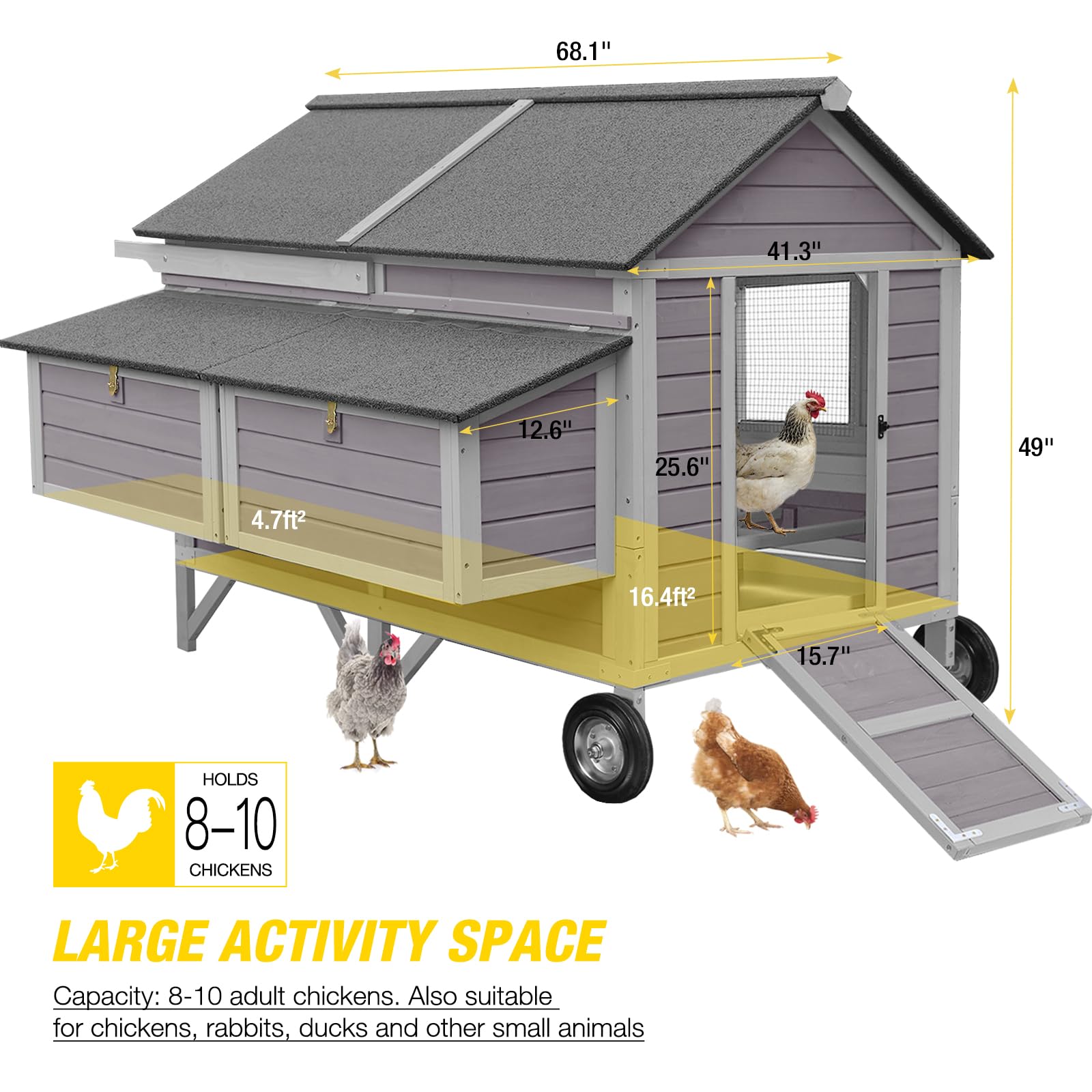 Chicken Coop Mobile Wooden Hen House with Nesting Box,Large Poultry Cage Upgrade with Strong Iron Frame,Durable & Waterproof - WoodArtSupply