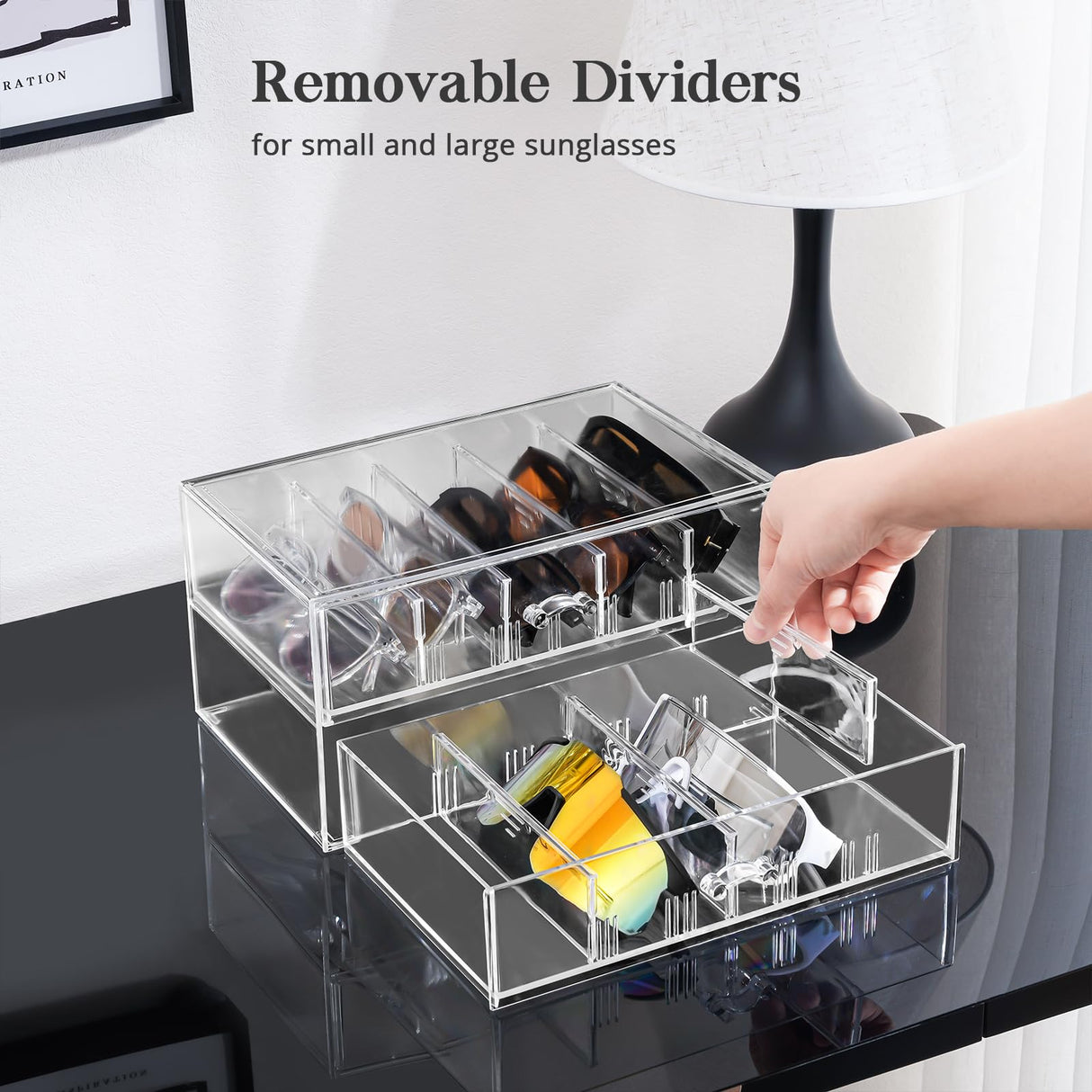 Lolalet Clear Sunglasses Organizer with Drawer, Eyeglass Eye Wear Display Case Storage Box with Removable Dividers for Multiple Pairs -1 Pack Lolalet