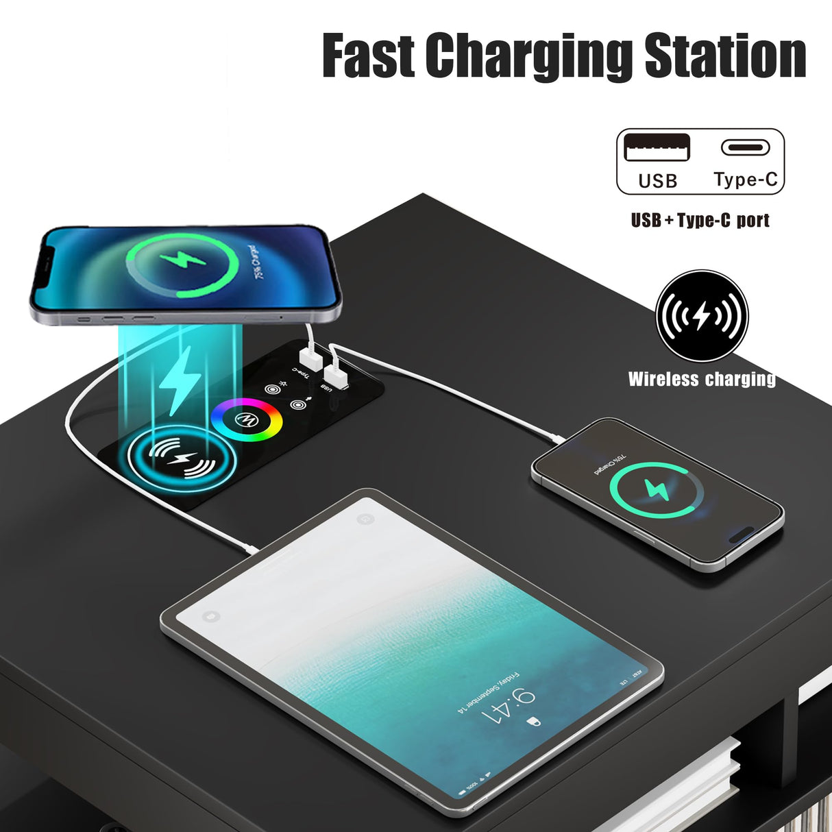 Nightstand with Charging Station and LED Lights, Night Stand with 2 Drawers, Wood Smart Bedside Table, Modern Bed Side Table for Bedroom, Black QPLZF