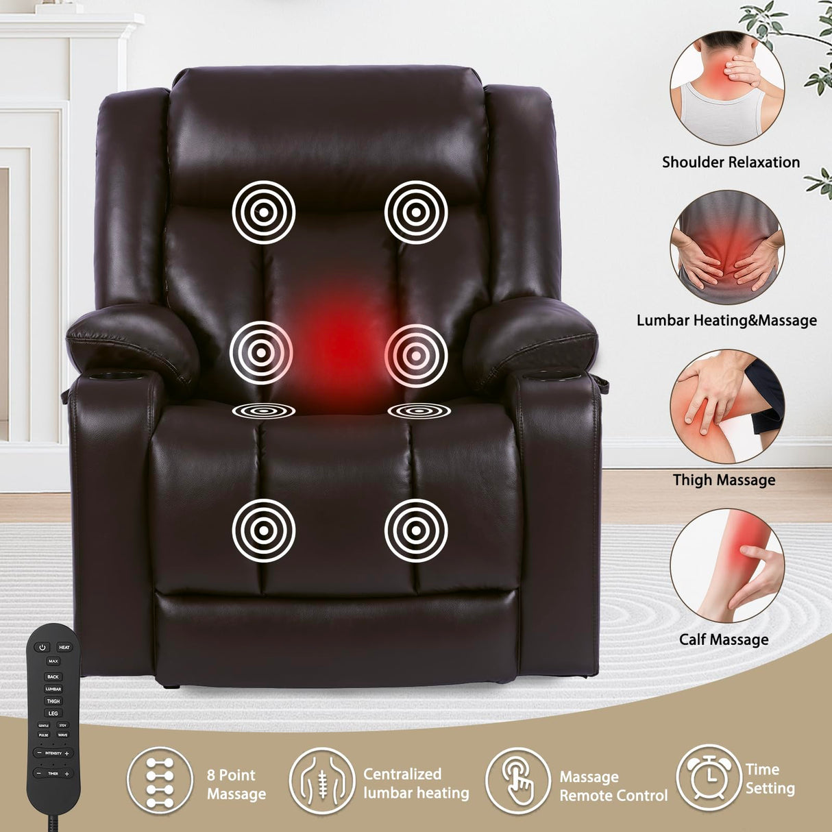 EONIX Dual Motor Oversized Power Lift Recliner Chair for Elderly, 400lbs Heavy Duty Leather Recliner with Massage and Heat, Big and Tall Lay Flat Lift Chair with Cup Holders, SLRY006063, Dark Brown EONIX