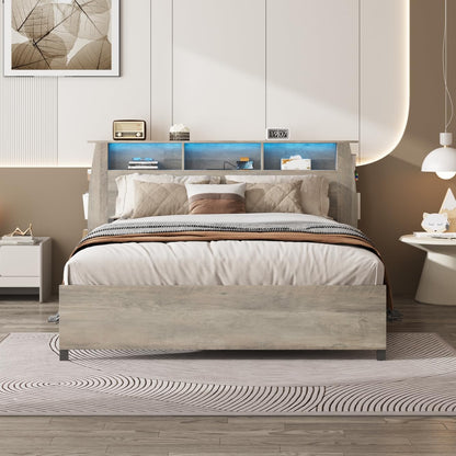 Fameill Queen Size Grey Wood Bed Frame with Smart Bookcase Headboard & LED Lighting - WoodArtSupply