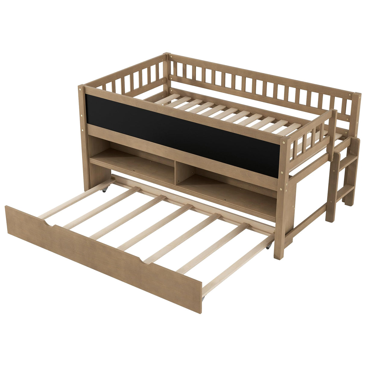 JIJIWANG Twin Size Low Loft Bed with Storage Shelves and Blackboard Wooden Loft Bed with Trundle, Wood Slats Support, No Box Spring Required, Walnut JIJIWANG