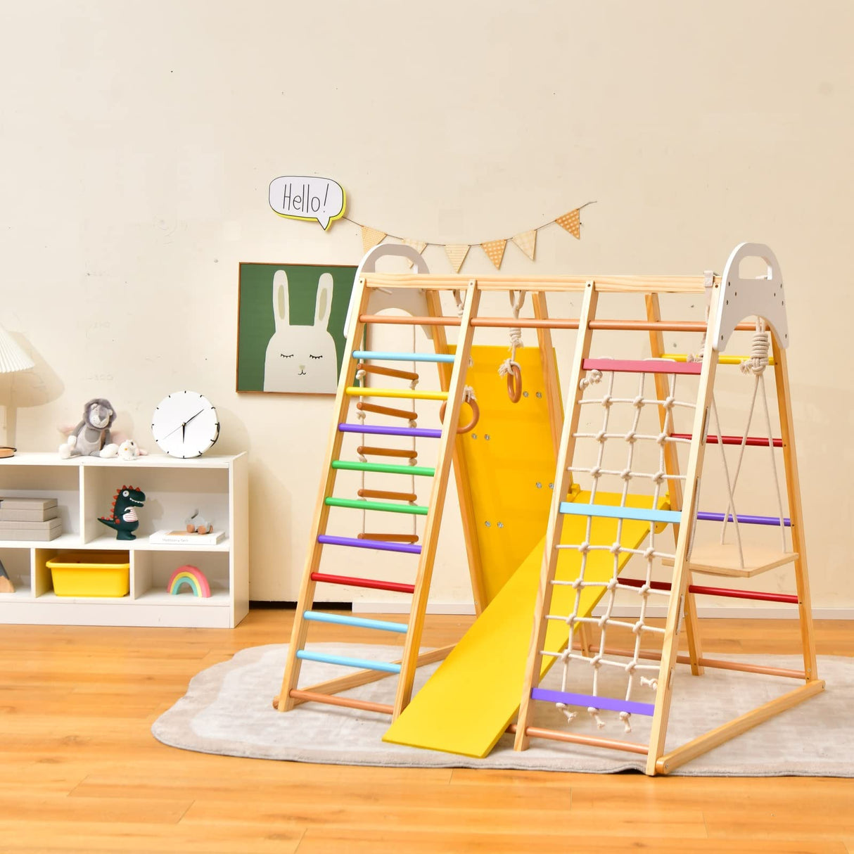 Costzon Indoor Jungle Gym, 8-in-1 Montessori Climbing Toys for Toddlers with Slide, Climbing Rock/Net, Monkey Bars, Indoor Wooden Playground Climber Playset for Kids 3-6 Years Birthday Costzon