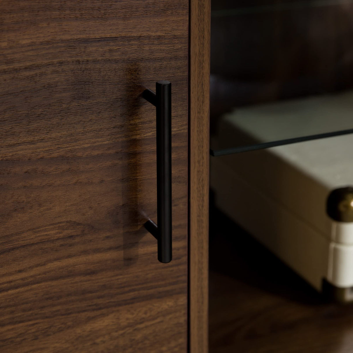 Walker Edison Saxon Mid Century Modern Glass Shelf TV Stand for TVs up to 65 Inches, 60 Inch, Walnut Walker Edison