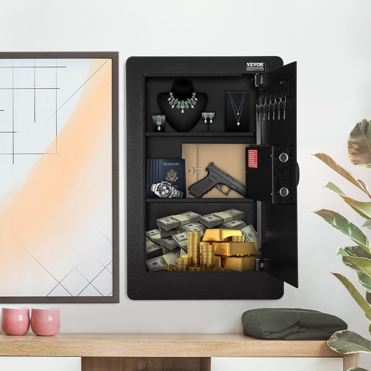 VEVOR 25.59" High Concealed Wall Safe, Keypad Access 3-Level Security Safe, Includes 3 Adjustable Shelves & 6 Hooks, Made of Durable Q235 Steel, Features LED Lighting & Alert System for Valuables VEVOR