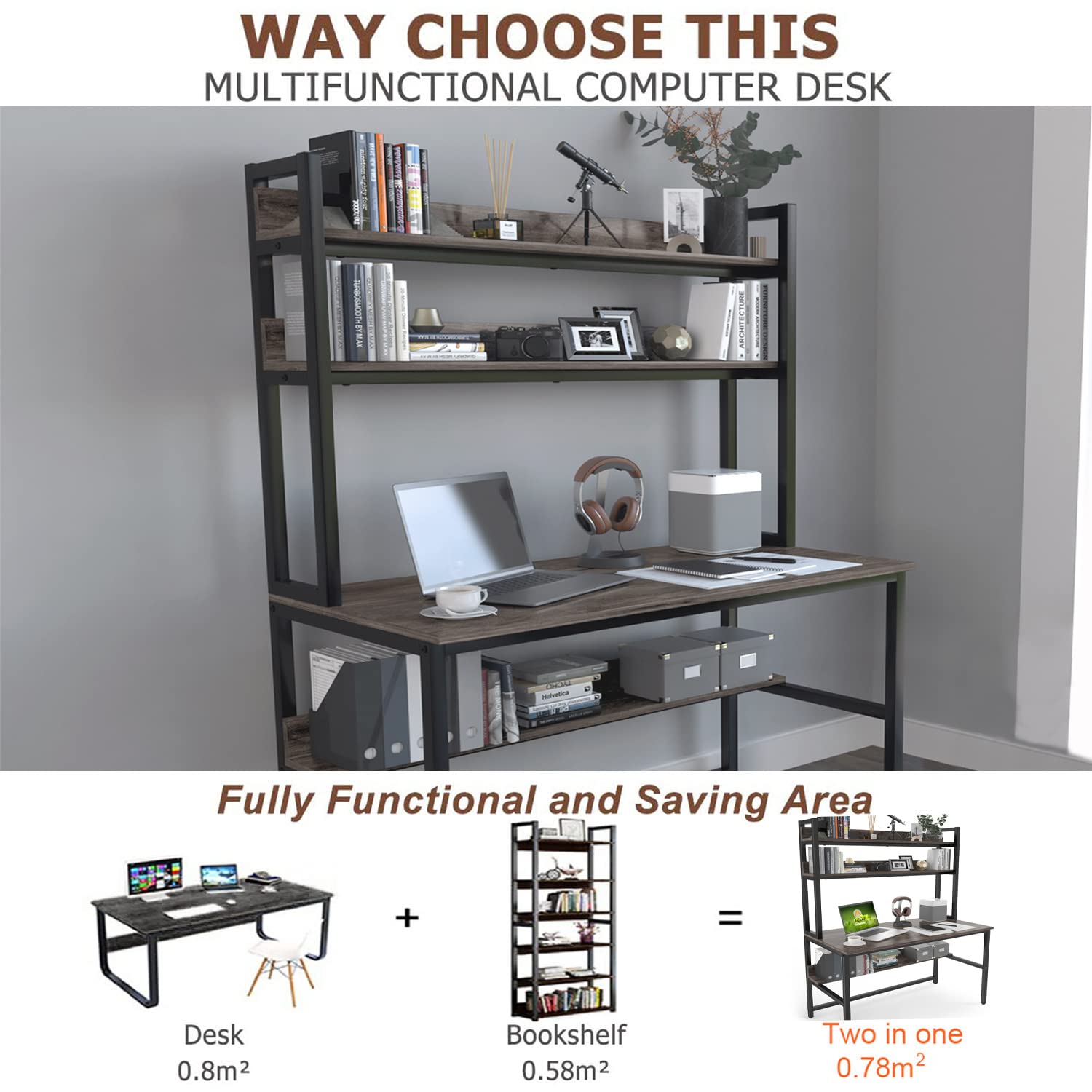 Aquzee Grey Desk with Hutch and Open Bookshelves for Organised Storage - WoodArtSupply