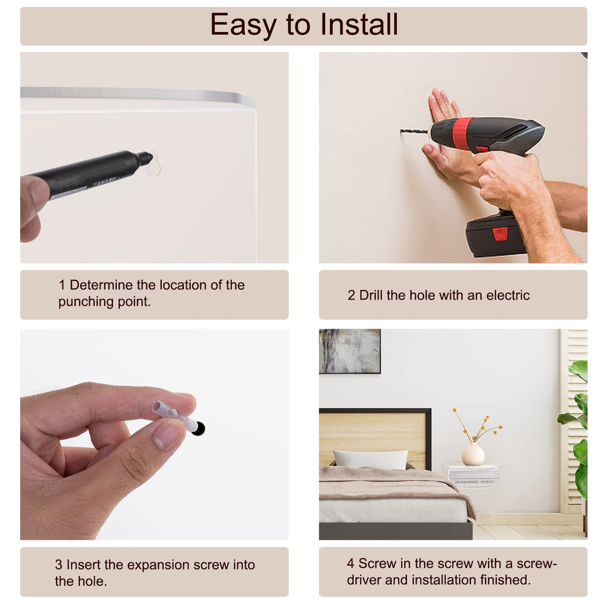 HMYHUM Acrylic Floating Nightstand Set of 2, Wall Mounted Bedside Table for Bedroom, Hanging, 8 lbs Load, 10.5" L x 10 "W x 4" H, Clear HMYHUM