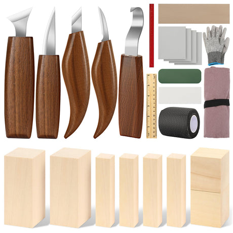 AUGSUN Wood Whittling Kit, 25 Pack Wood Carving Tools for Beginners, Hand Carving Knife Set Includes 5 Wood Carving Knives, 8 Basswood Wood Blocks, Gloves for Craft DIY Woodworking AUGSUN