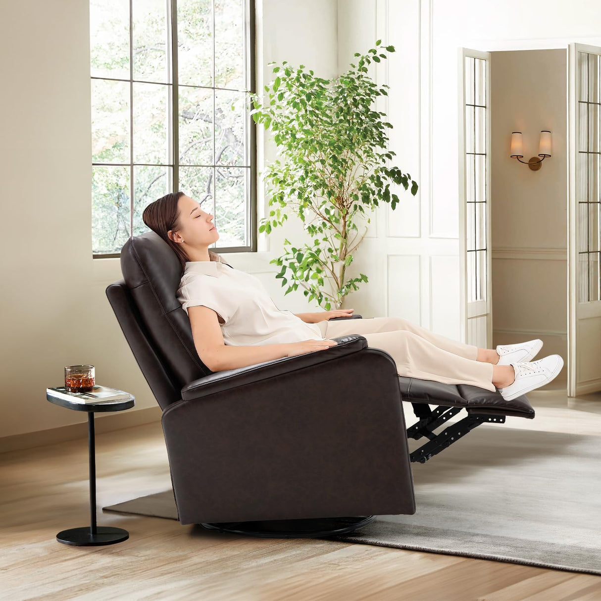 COLAMY Leather Swivel Recliner Chair with Footrest, Rocker Recliner Chair High Back with Double-Layer Cushion, Glider Recliner for Nursery & Living Room, Bedroom, Chocolate COLAMY