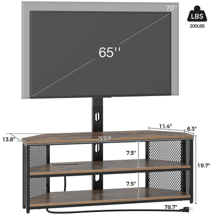 Rolanstar TV Stand with Mount and Power Outlet, Swivel TV Stand Mount with LED Lights for 32/45/55/60/65/70 inch TVs, Rustic Brown Entertainment Center Media Console with Height Adjustable Mount