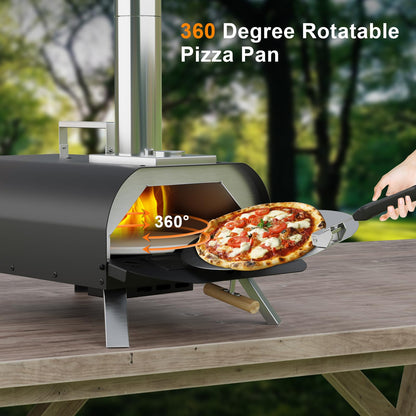 LotFun Outdoor Pizza Oven with Manual Rotating System, 12" Portable Wood Fired Pizza Oven with Pizza Stone, Pizza Shovel and Pizza Cutter, Stainless Steel Pizza Oven for Backyard Patio