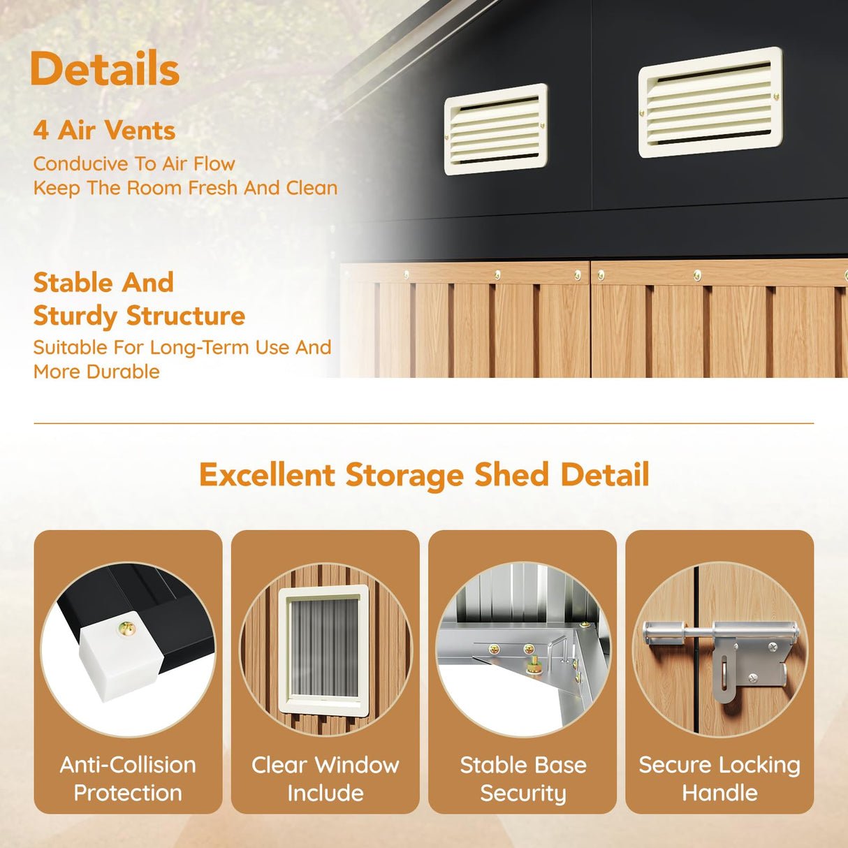 Panovue 8X6 FT Garden Storage Shed with Lockable Door,Steel Tool Shed with 1 Clear Window, Anti-Corrosion Metal Shed for Backyard Patio Lawn (Wood Panels & Frame Floor Not Included)(Light Wood Grain) Panovue