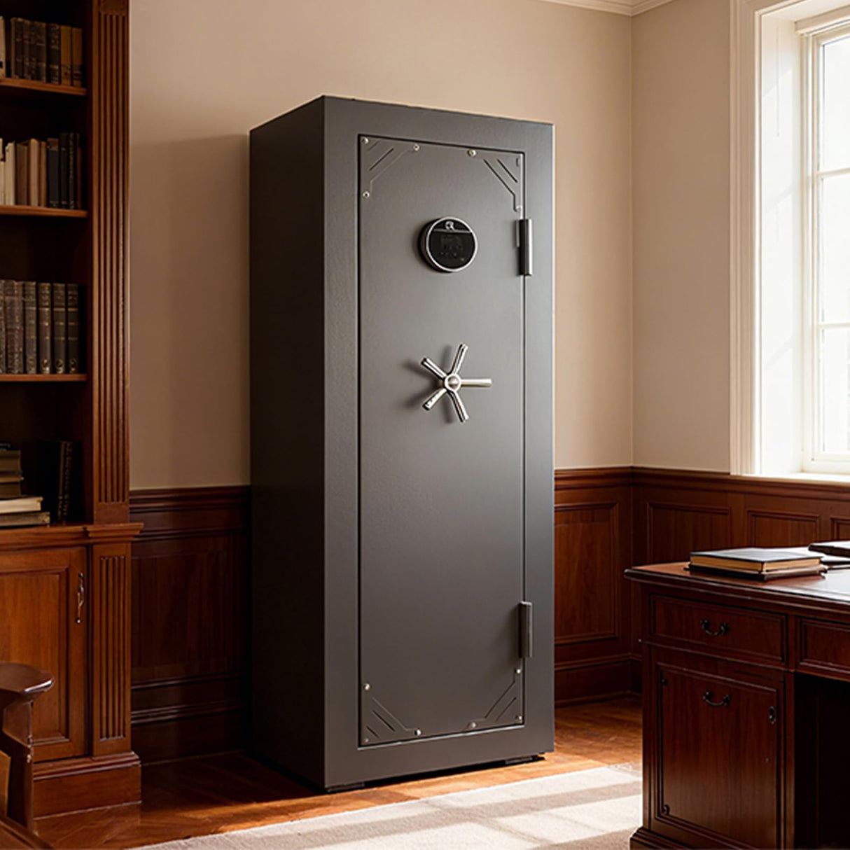 KAER Fireproof Gun Safe, 16-20 Rifle Safe 1400°F / 45 Minutes, Interior 360°Velvet Protection|5 Active Bolts & 2 Deadbolts For Fingerprint Lock, 90-180° Outward-Opening, Storage + Smooth Handle(Grey) KAER