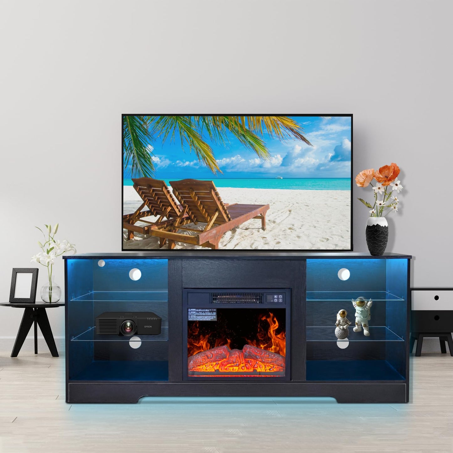 Fireplace TV Stand with LED Lights,Modern TV Console for 43" 50" 55" 60" 65" Televisions,Entertainment Center with Electric Fireplace for Living Room Bedroom (Black) - WoodArtSupply