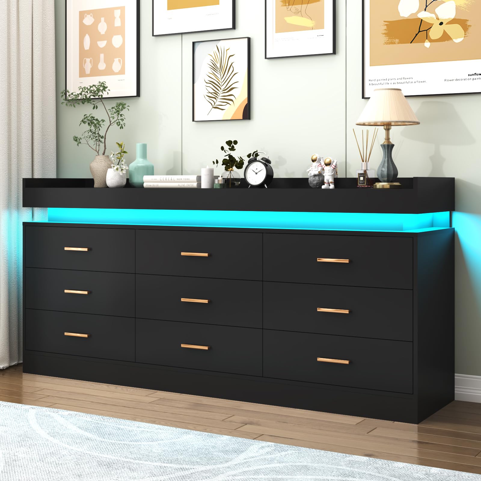 Hlivelood 9 Drawer Dresser with LED Light, Modern Chest of Drawers for Closet, Wide Drawer Organizer Cabinet for Bedroom, Living Room, Entryway, Hallway(9 Drawer Black) - WoodArtSupply