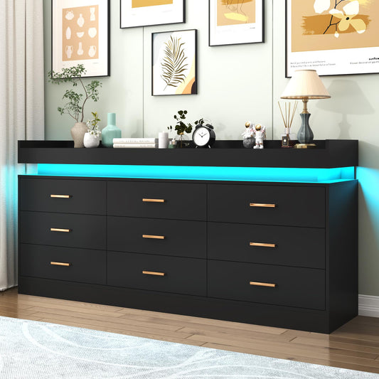 Hlivelood 9 Drawer Dresser with LED Light, Modern Chest of Drawers for Closet, Wide Drawer Organizer Cabinet for Bedroom, Living Room, Entryway, Hallway(9 Drawer Black) - WoodArtSupply