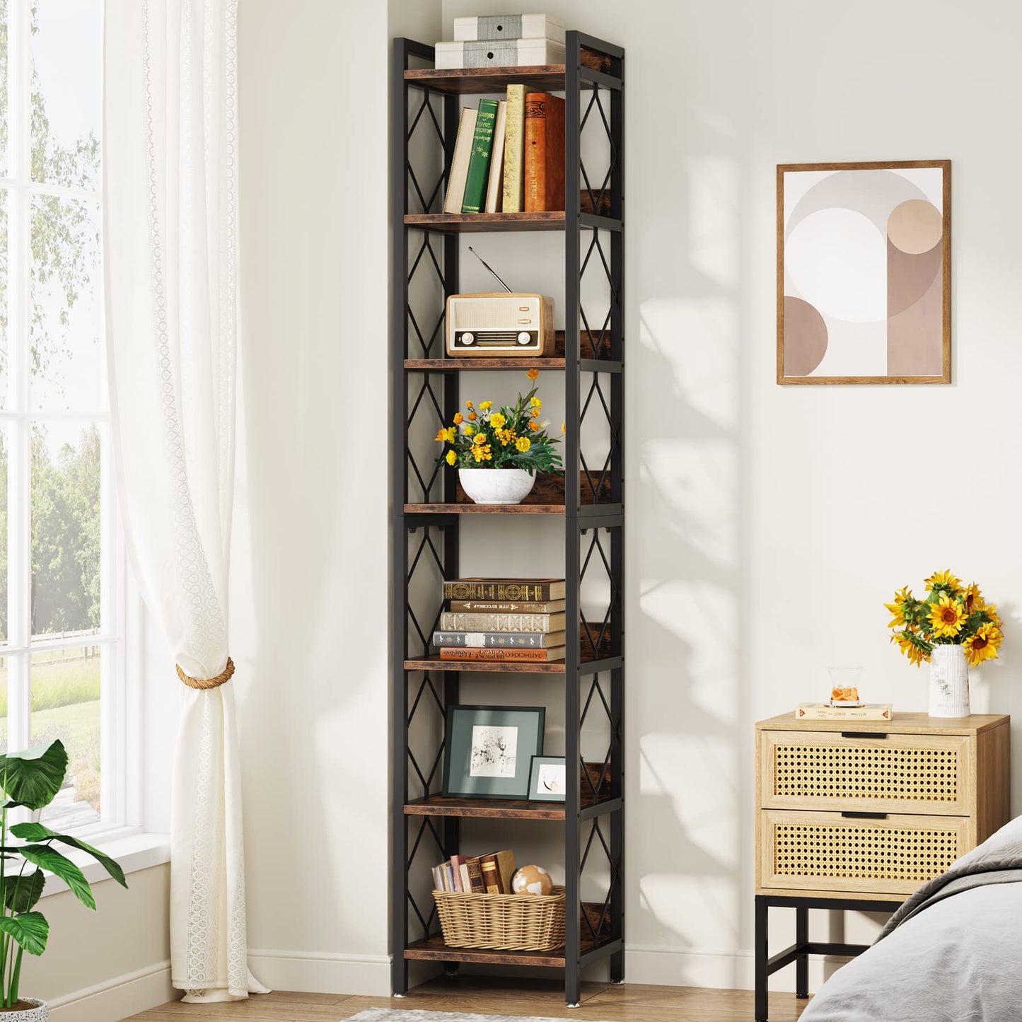 Tribesigns Tall 7-Tier Narrow Bookshelf for Small Spaces - Rustic Brown Freestanding Storage Organizer - WoodArtSupply