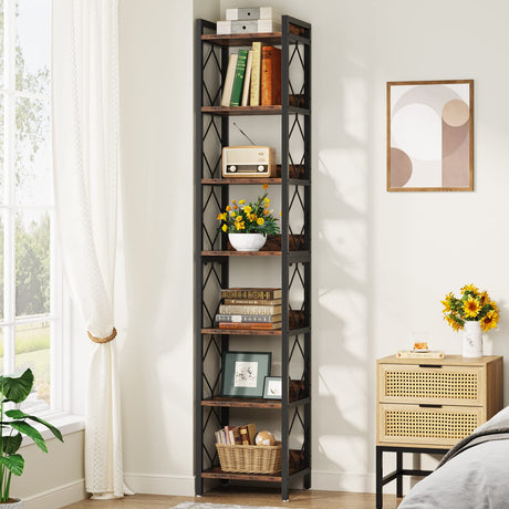 Tribesigns Tall 7-Tier Narrow Bookshelf for Small Spaces - Rustic Brown Freestanding Storage Organizer Tribesigns