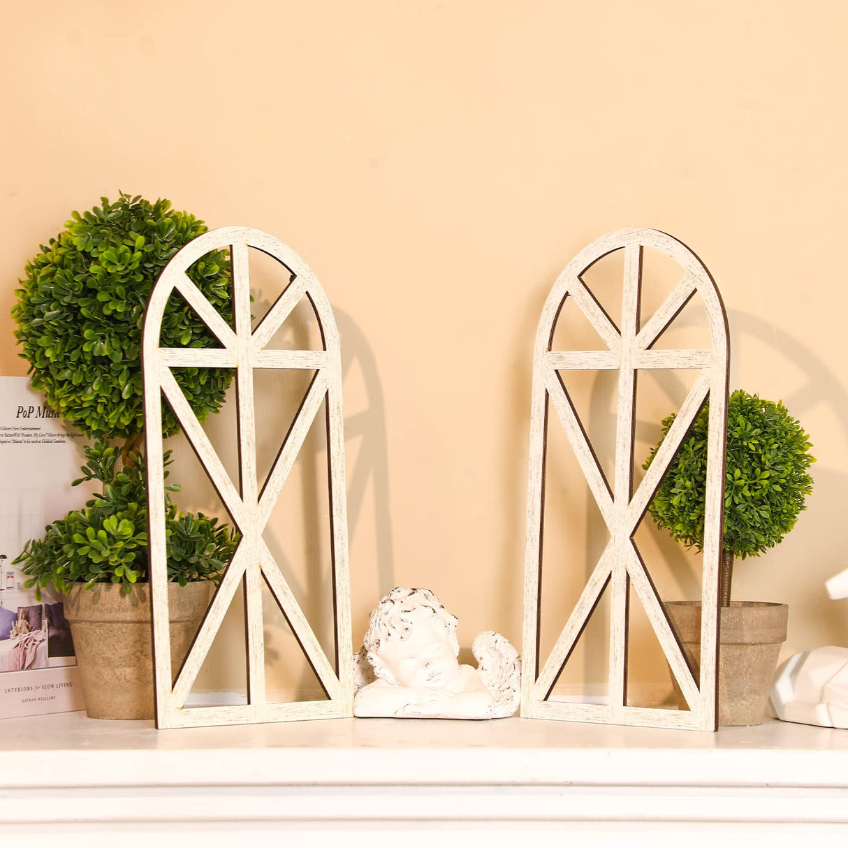 Yulejo 2 Packs 15.16 x 7.7 Inch Rustic Wood Window Frame Wooden Cathedral Arch Window Wall Decor Frame Art Farmhouse Wall Decor for Home Kitchen Living Room Bedroom Yulejo